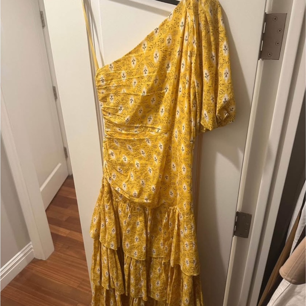 Veronica Beard Yellow Floral One-Shoulder Dress